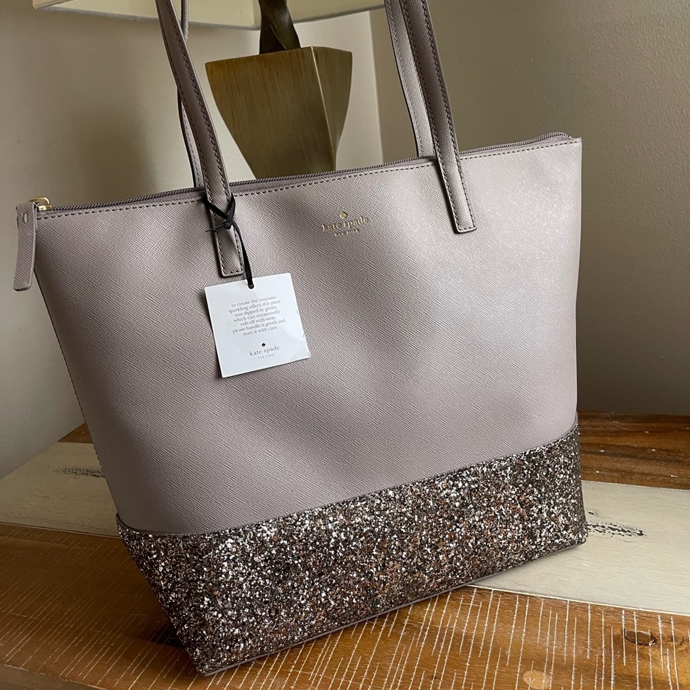 Brand New Kate Spade Greta Court Penny Glitter Large Top Zip - Grey